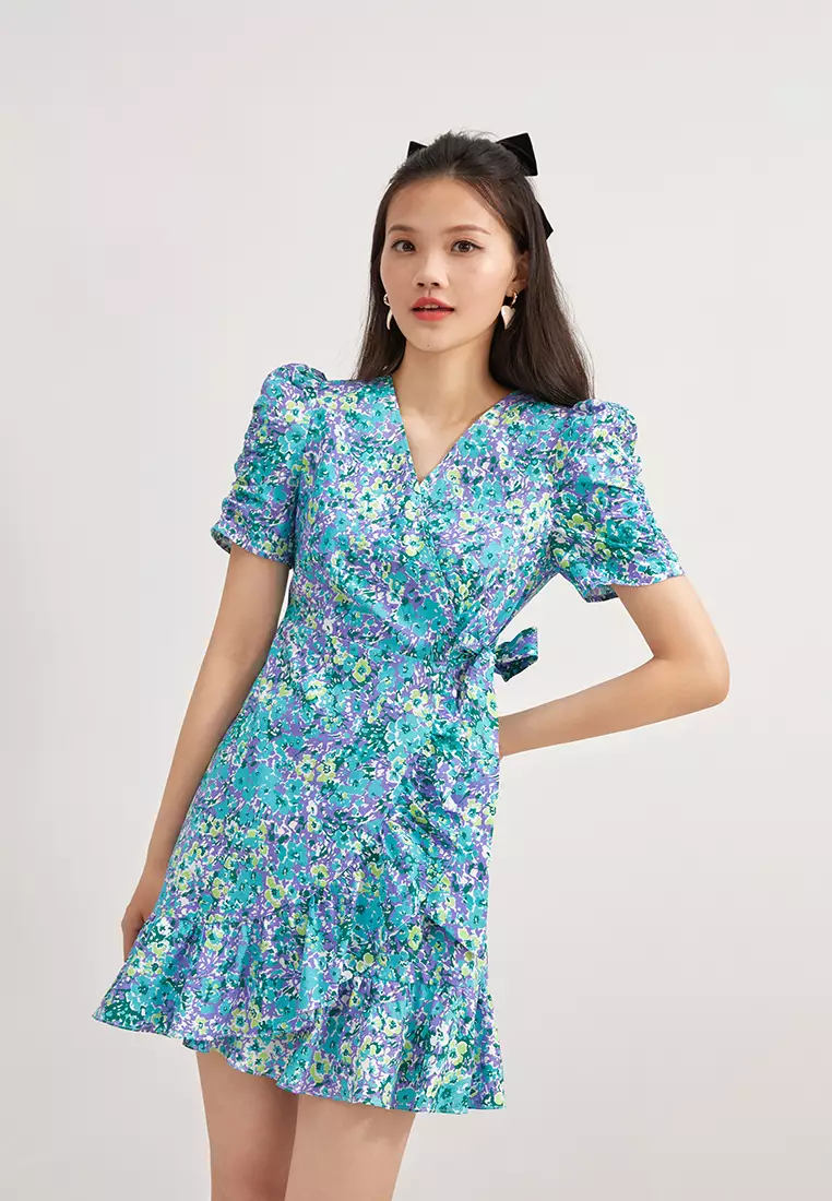 Overlap V-Neck Floral Mini Dress