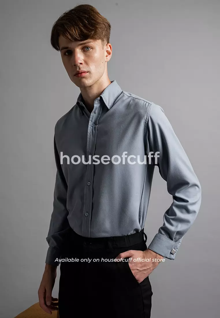 Houseofcuff Kemeja Kerja Formal Pria Model French Cuff / Double Cuff Dengan Cufflinks Warna Dusty Blue (Incl.Collar bar + Cufflinks )