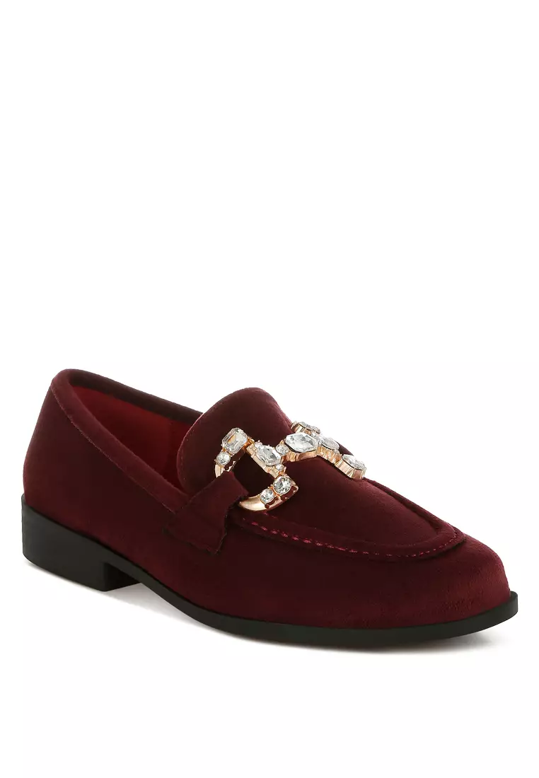 Sepatu Loafer Horsebit Berhias Berlian Imitasi Warna Burgundy