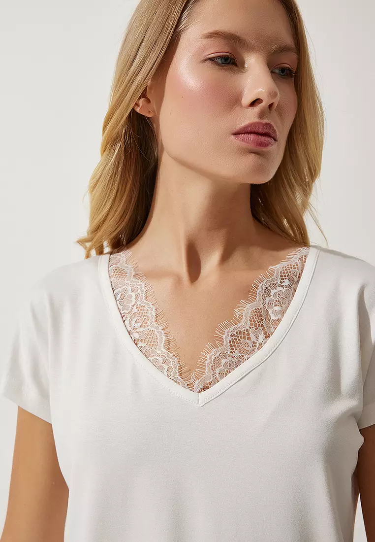 Viscose V-Neck Lace Top