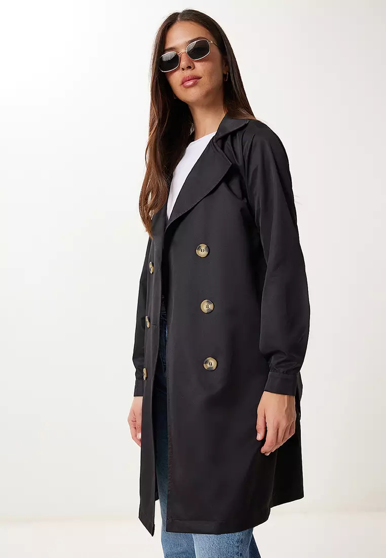 Women's Black Double Breasted Collar Belted Seasonal Trench Coat Dd01374