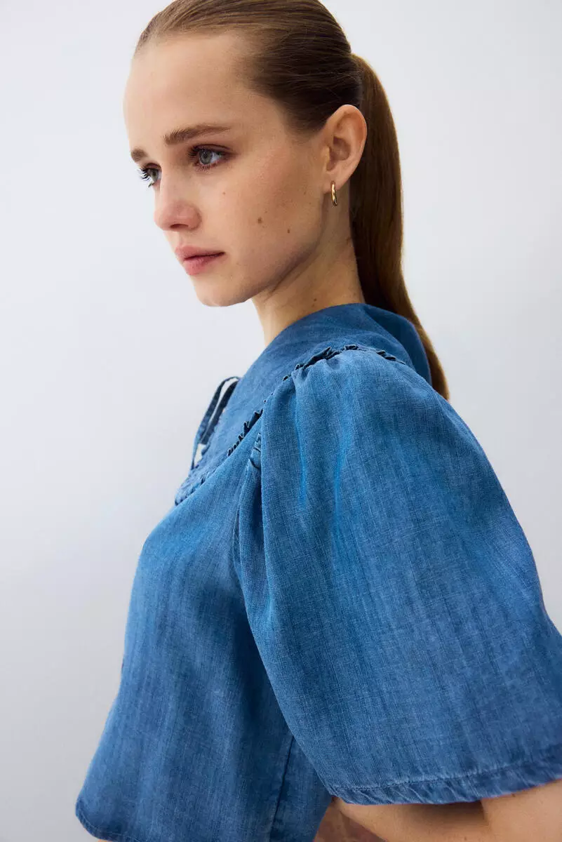 Tie-front denim blouse