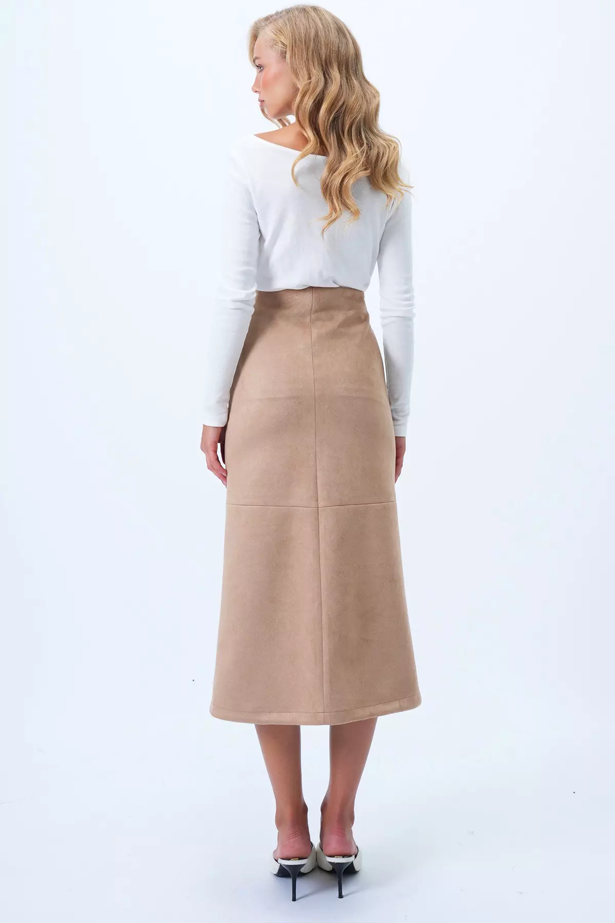 Women's Beige Hidden Zippered Stitch Detailed Faux Suede Maxi Skirt Alc-X14407