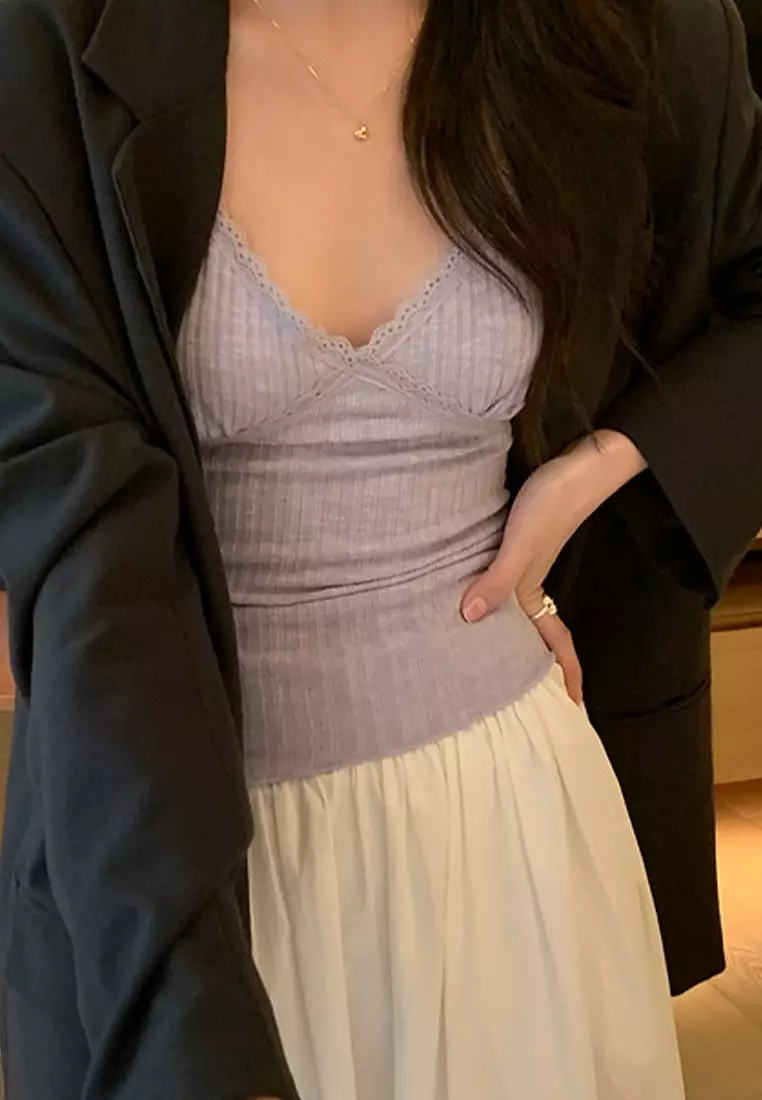 2024 summer ribbed lace suspender top CA24041013PU