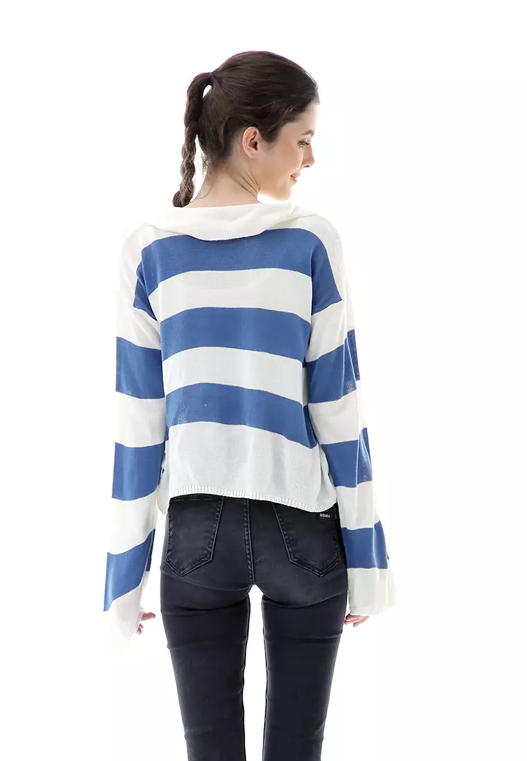 Vilia Rajut Crop Atasan Wanita Oversize Motif Stripe Garis Relaxed Fit - Denim