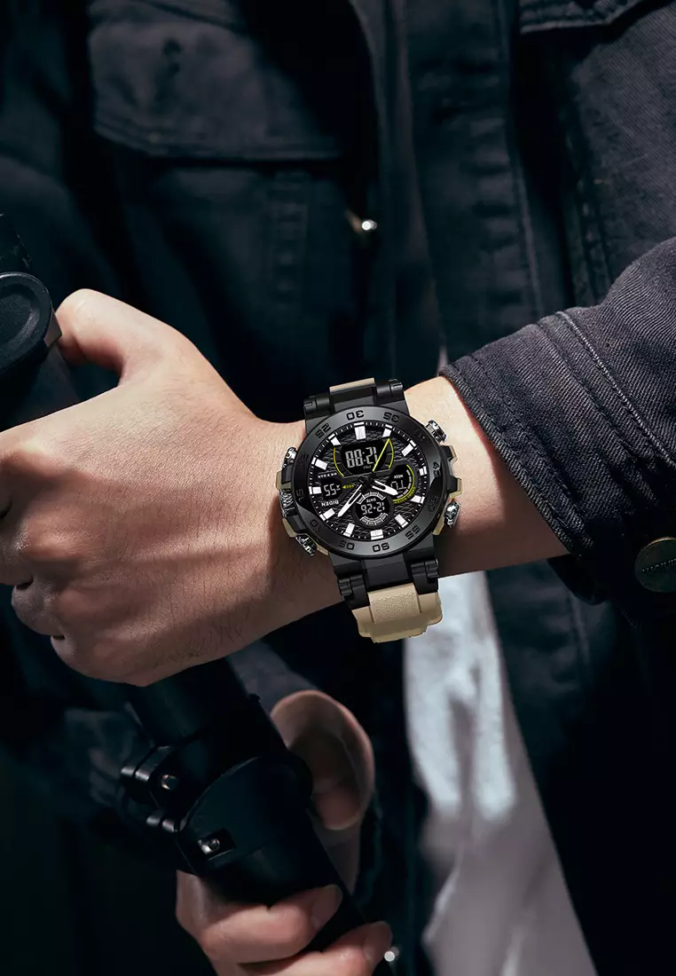 Jam Tangan Pria Original Analog & Digital Multifungsi Olahraga Tali Silikon Anti Air Jam Tangan Cowok Khaki