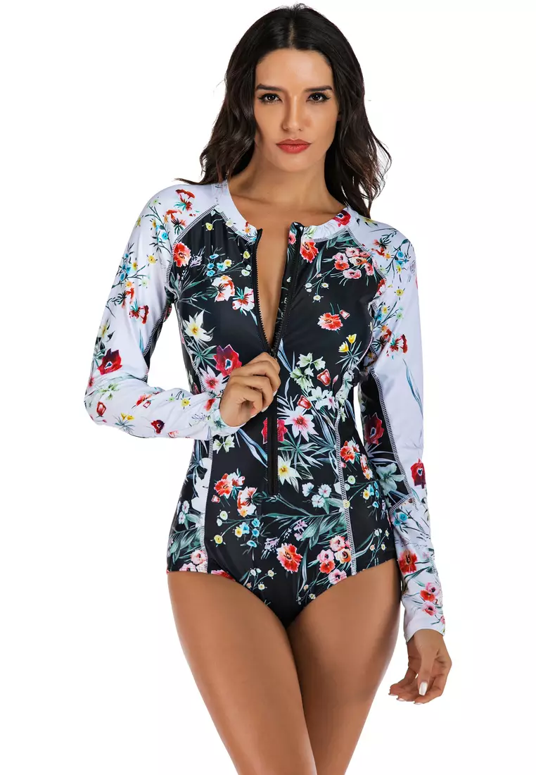 Surf Print Long Sleeve One Piece Swimsuit