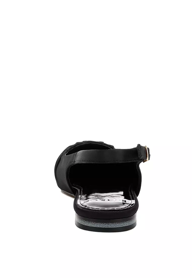 Satin Square Toe Flat Slingback in Black