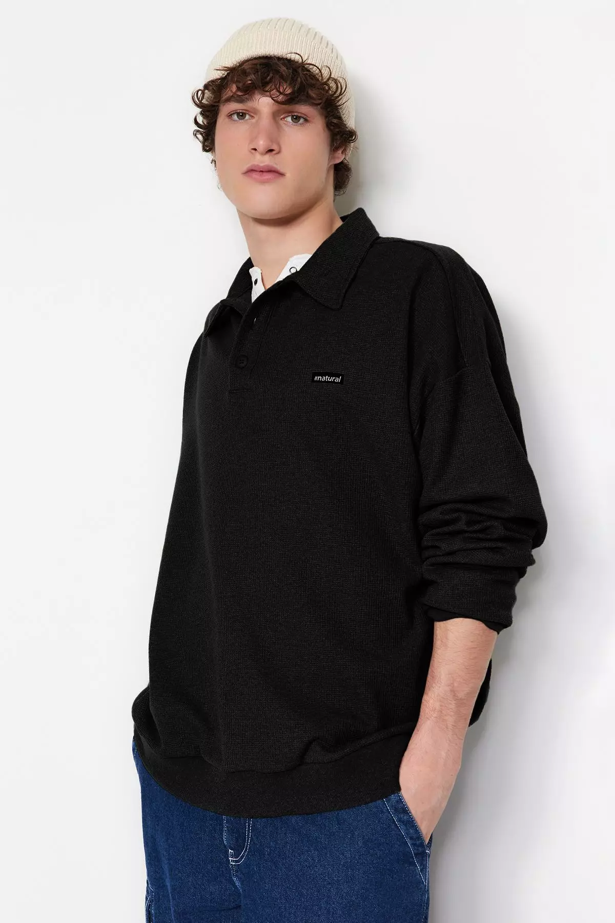 Black Oversize/Wide Cut Labeled Textured Polo Collar Non-raised Sweatshirt TMNAW24SW00224