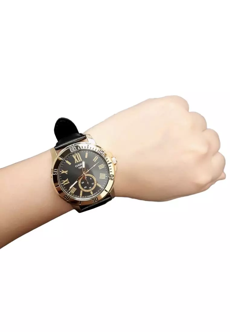 Men's Analog Watch MTP-VD200GL-1B Gold tone with Black Leather Band Watch for men