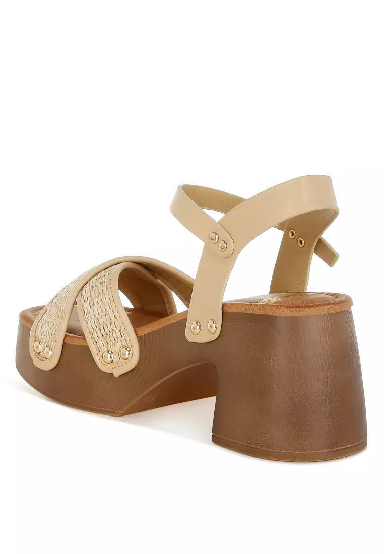 Studded Raffia Clog Sandals in Natural