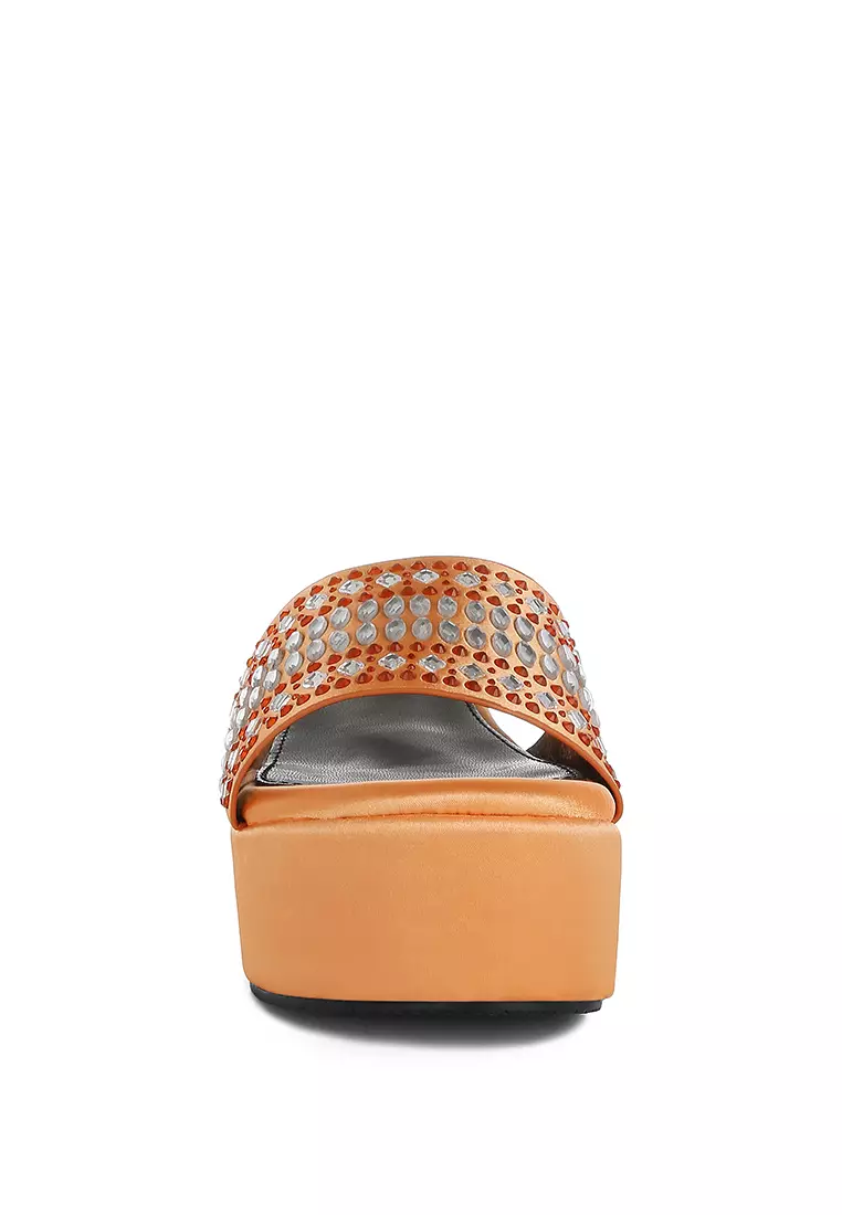Diamante & Rhinestone Detail Stylish Flatforms in Orange