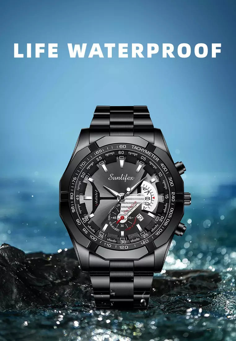 Jam Tangan Pria 9094 Original Kuarsa Kalender Tali Stainless Steel Jam Tangan Cowok(Kotak + Kartu Garansi) allblack