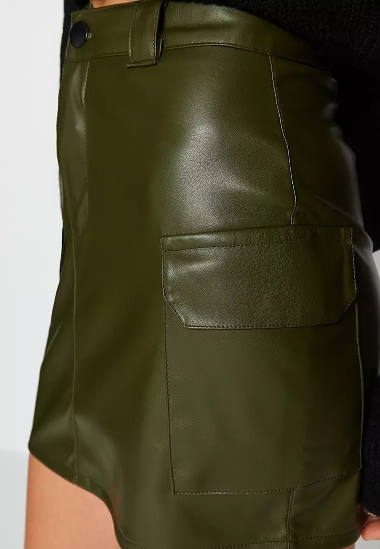 Faux Leather High Waist Fitted Mini Skirt with Cargo Pocket
