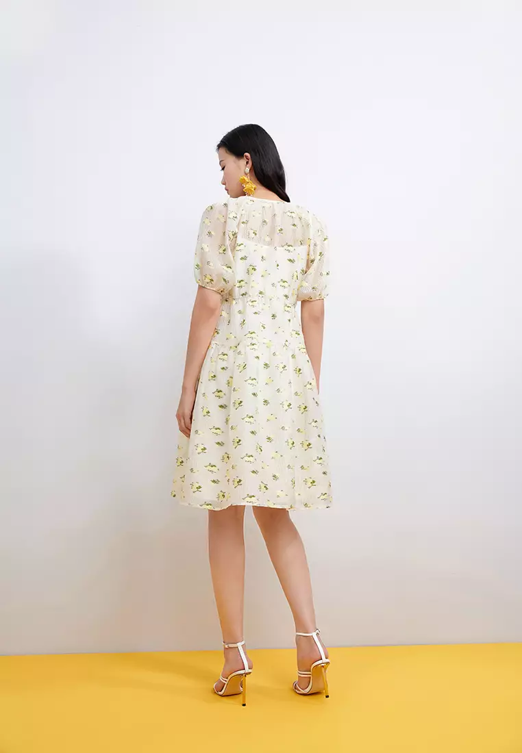 V-Neck Floral Chiffon Midi Dress