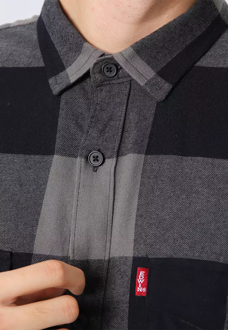 BASTIEN - BLACK GREY Kemeja Flannel Casual Pria Lengan Panjang LS - Top Man Shirt