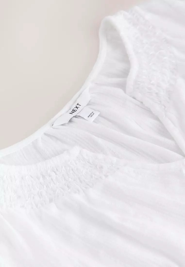 Short Sleeve Notch Neck Shirred Bubblehem T-Shirt