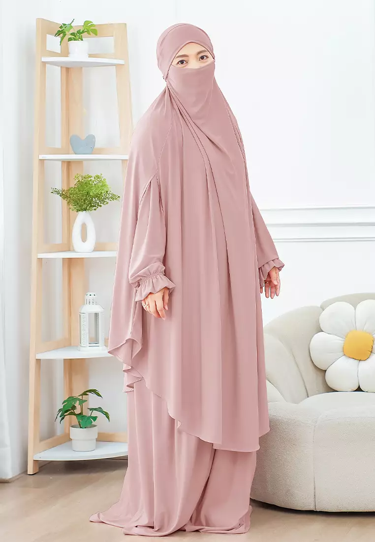 Wafa French Khimar Set | One Set Dress Abaya Syari - Powder Pink - XL