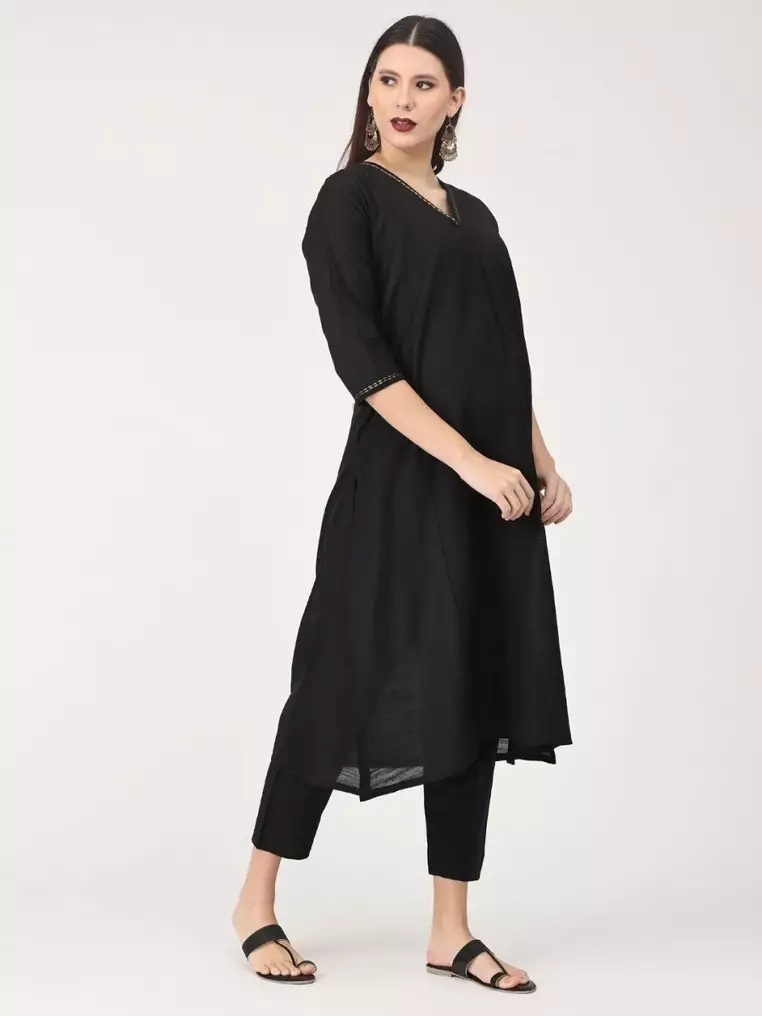 Ebony Embroidered Maternity and Nursing Silk Kurta Set - Black