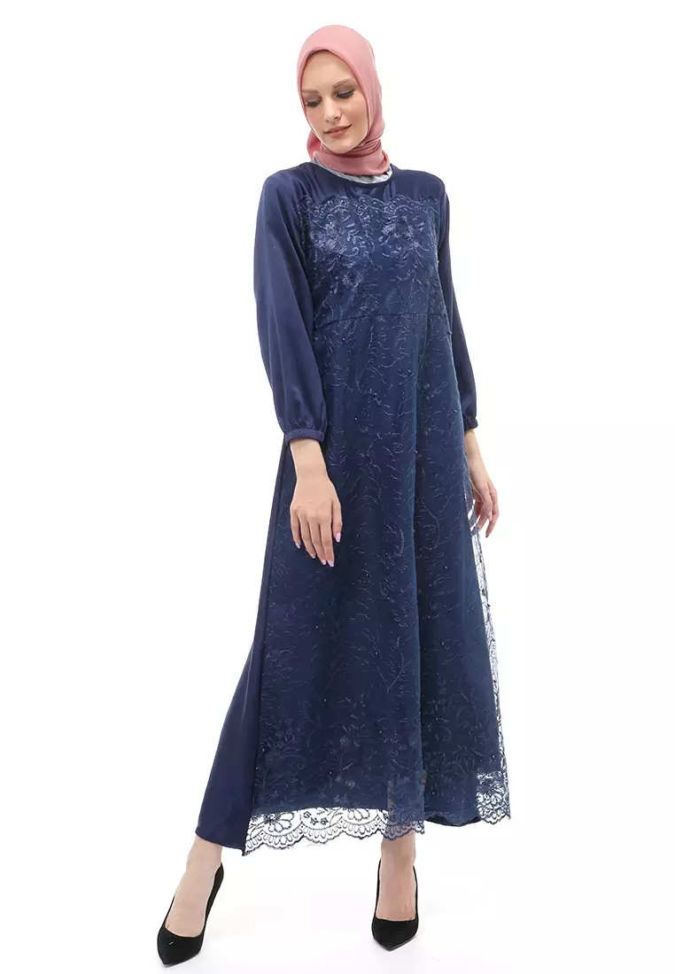 Monita Gamis Brokat Tile Wanita Muslimah Regular Fit - Navy