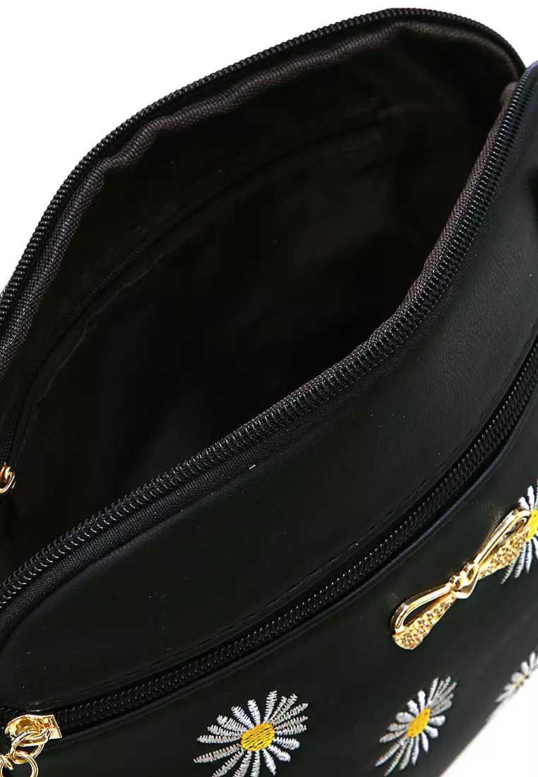 Werlyn Tas Selempang Wanita Daisy Ribbon Love Casual Large Storage Material Leather Kulit ORIGINAL - Black