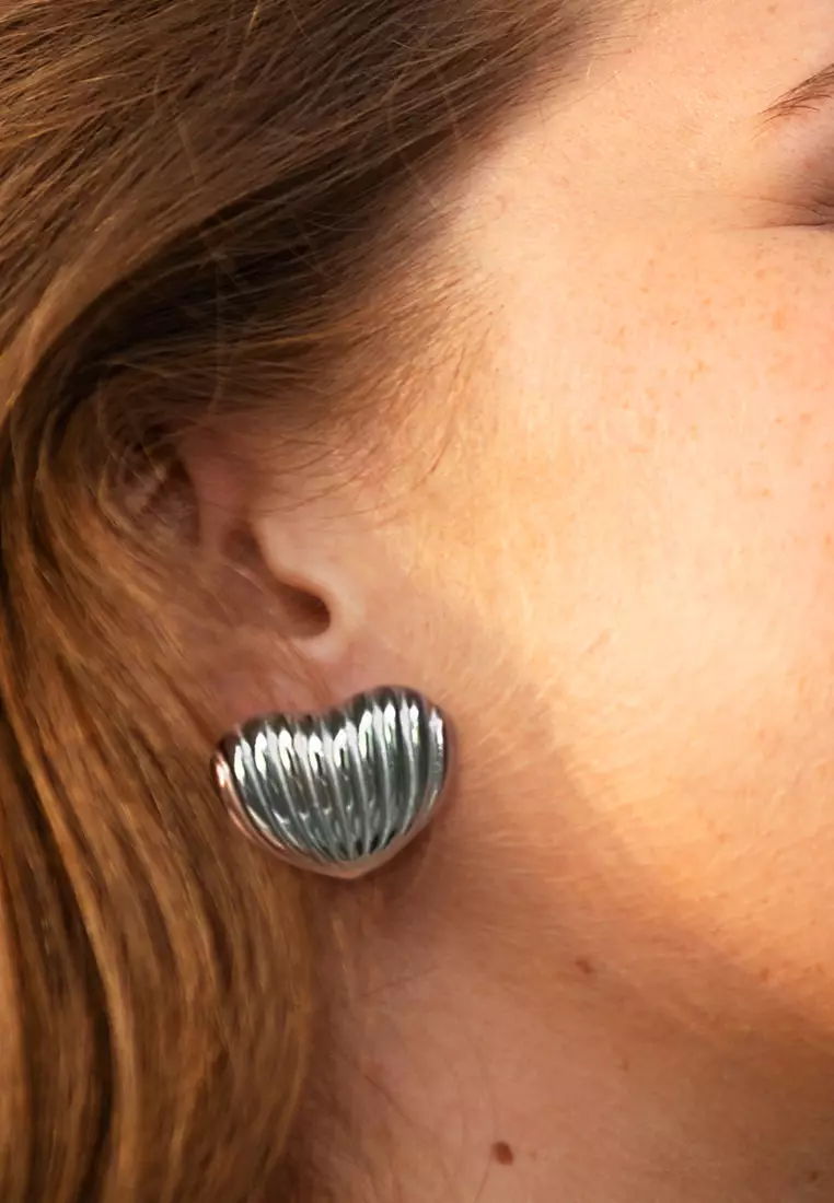 Ridged Heart White Gold layered Stud Earrings