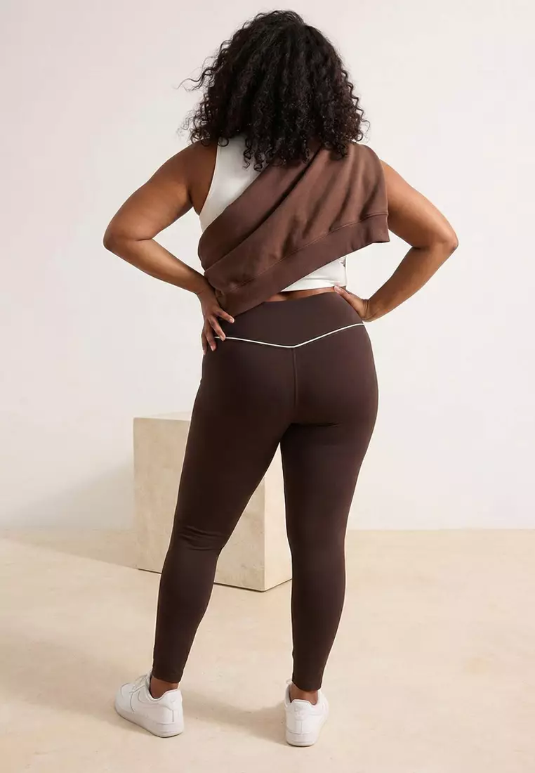 Brown Soft Brushed Fabric Piping Detailed Flexible Knitted Plus Size Leggings Tbbss26Bv00001