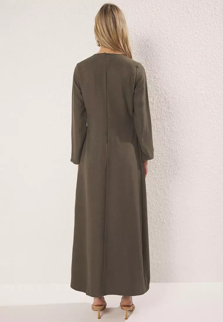 Khaki Linen Look Woven Dress Tctss25Eb00129