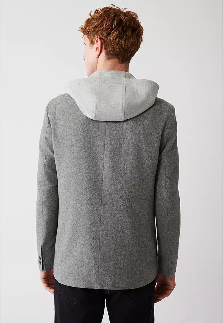 Men's Gray Removable Hooded Wool Jacket A32Y4017