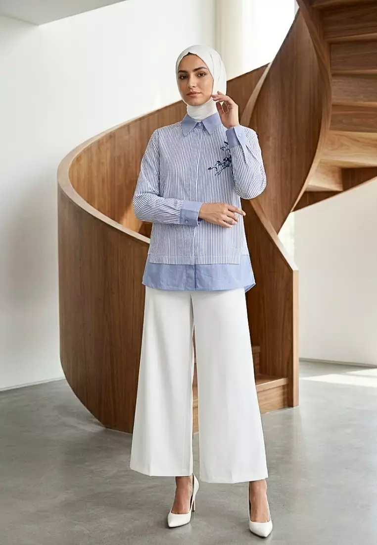 Kemeja Katun Wanita Salur Biru Bordir Bunga By Brilliant Girl Warna BIRU