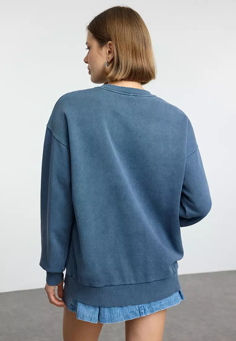 Indigo Plain Oversize/Relaxed Cut Basic Crew Neck Thick/Polar Inside Knitted Sweatshirt Twoaw24Sw00102