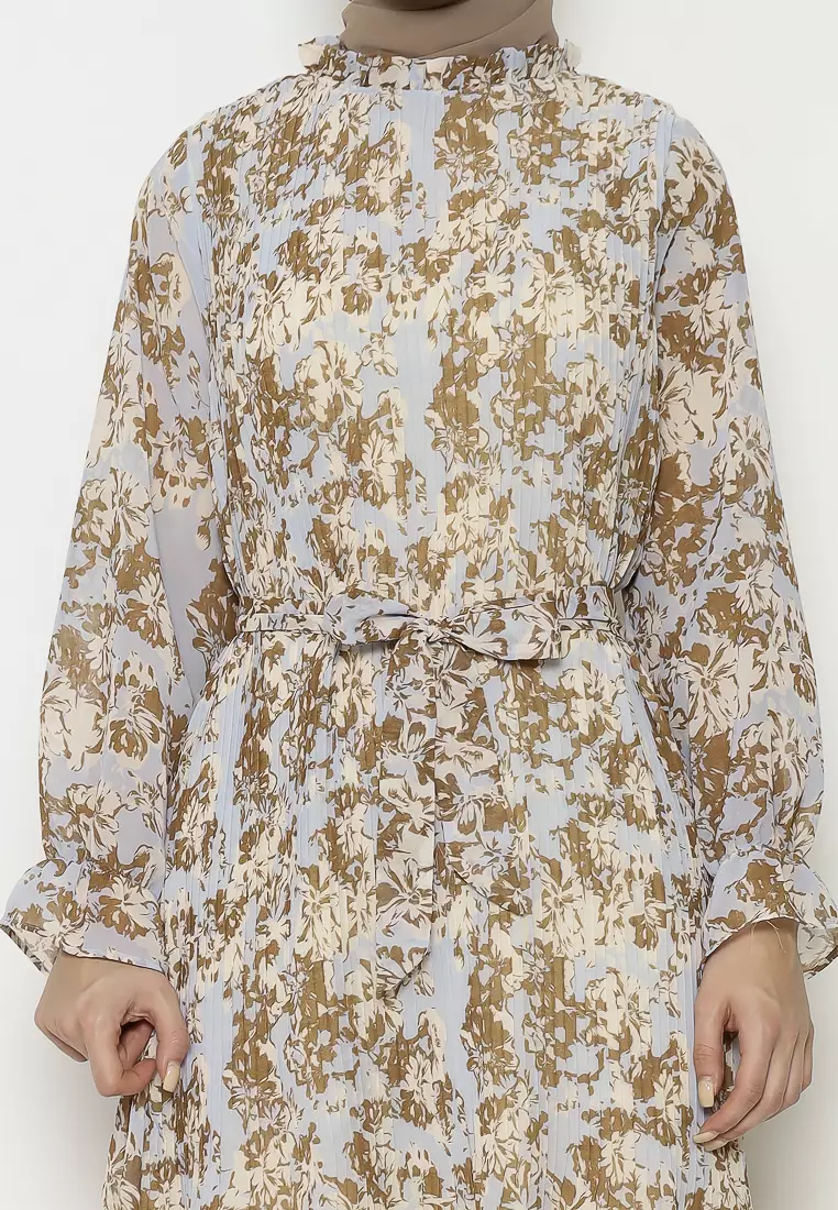 Urban Exchange Aiysah Gamis Blue - Gamis Printed Blue Pleat Warna Blue