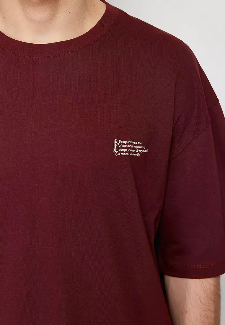 Claret Red Oversize 100% Cotton Crew Neck Minimal Text Printed T-shirt TMNSS23TS00084