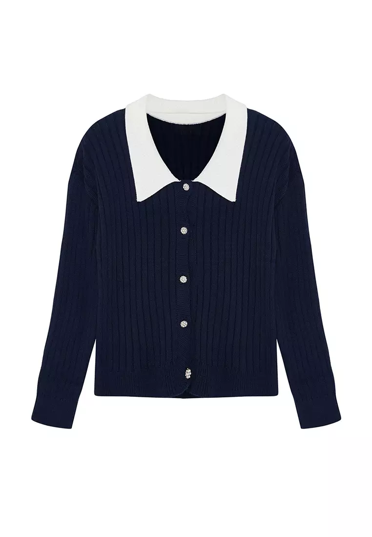 Navy Blue Knitwear Plus Size Cardigan Tbbaw23Av00084