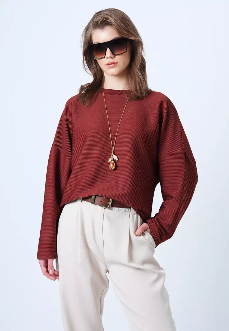 Crew Neck Wide Cut Bat Sleeve Basic Blouse