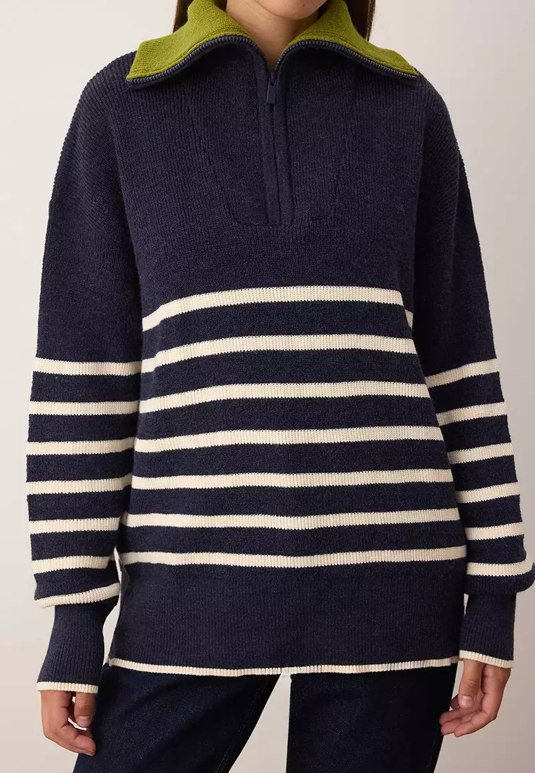 Navy Blue Soft Texture Wide Pattern Turn-Down Collar Knitwear Sweater Twoaw26Kz00156