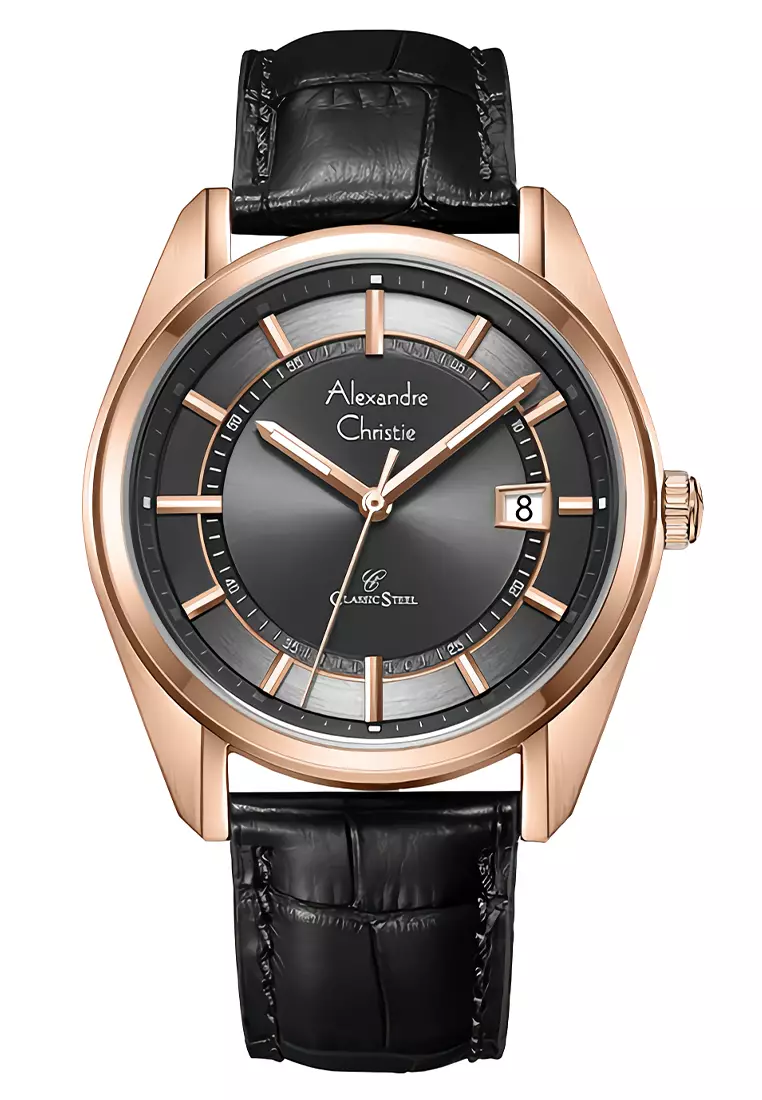 Alexandre Christie Classic Steel - Jam Tangan Analog Pria - Rosegold Case Black Leather Strap - 8695MDLRGDG