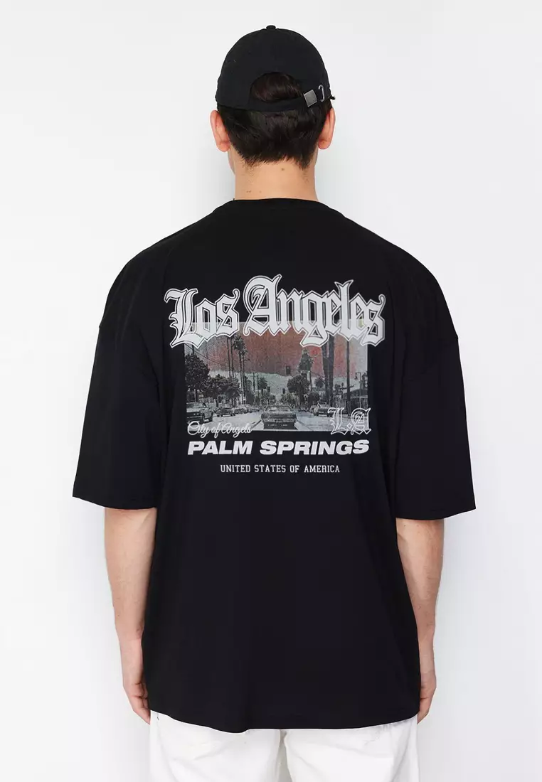 Black Oversize/Wide Cut 100% Cotton Back Printed Los Angeles Printed T-Shirt TMNSS23TS00168