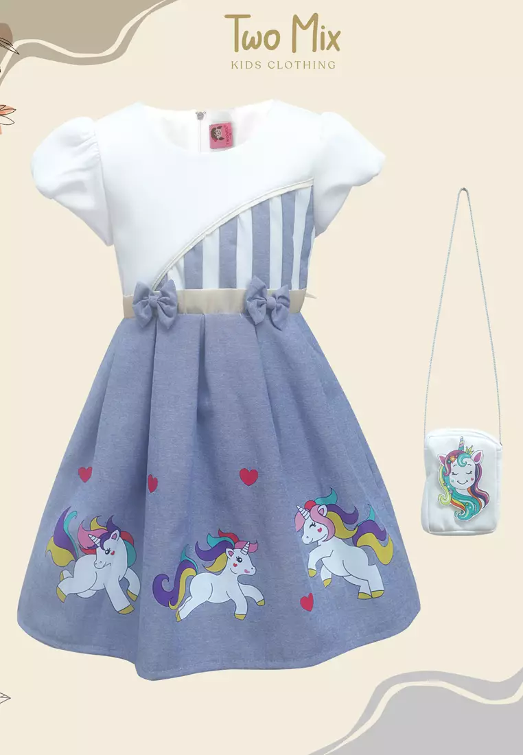 Two Mix Dress Anak Perempuan Little Pony Bonus Tas Cantik 1-12 Tahun 4252 Blue