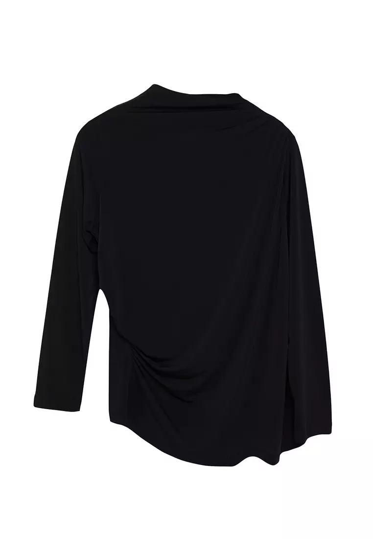 Black Stand Collar Gather Detail Body Fitting Knitted Plus Size Blouse Tbbaw25Af00014