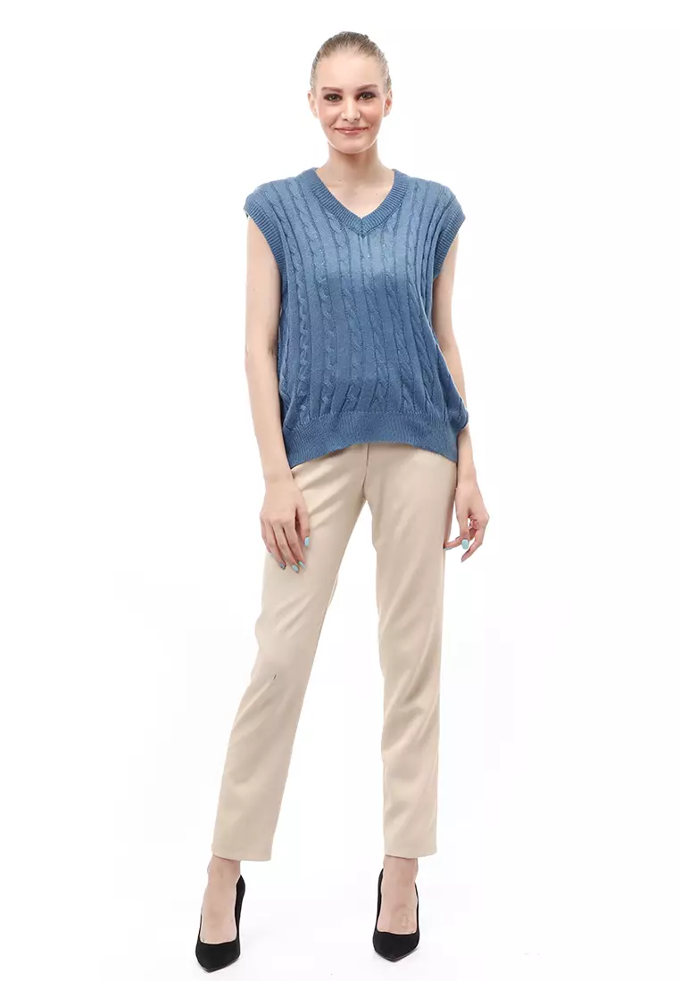Urice Vest Rajut Atasan Wanita V-neck Sleeves Design Elegant - Denim