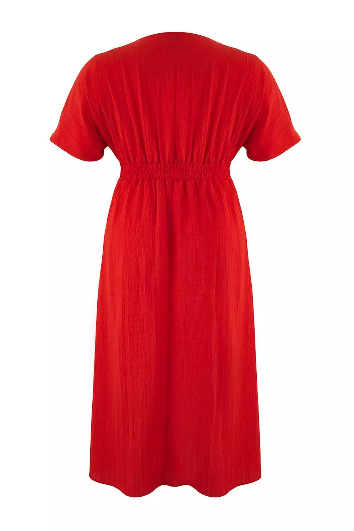Red V-Neck Short Sleeve Textured Fabric Woven Maxi Plus Size Dress