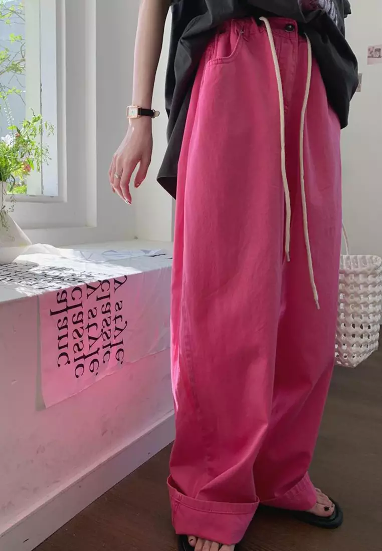 2025 S/S Casual And Playful High Waist Drawstring Waist Slimming Solid Color Straight Jeans CA230321280PI