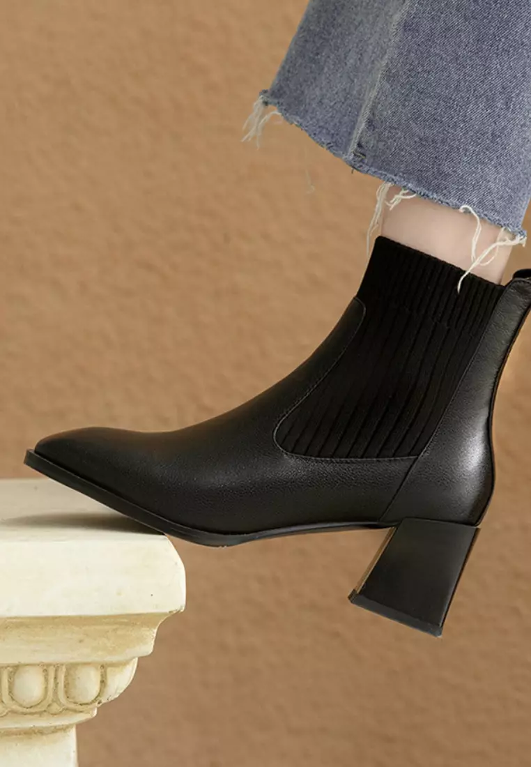 VANSA Fashionable Top Layer Cowhide Stretch Ankle Boots VSW-B06291288