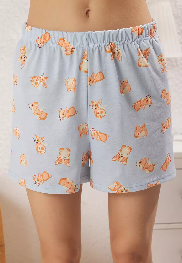 Blue Animal Patterned Knitted Pajama Set with Shorts THMSS24PT00198