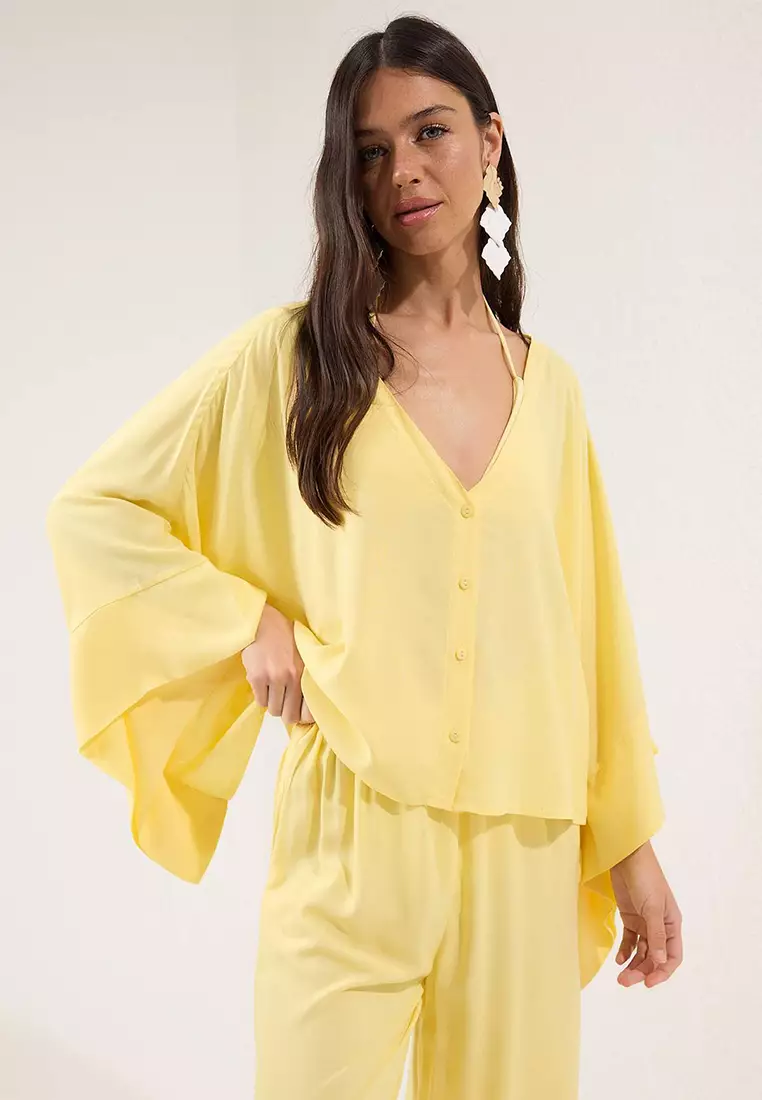 Yellow Bat Sleeve Shirt And Pantalon Beach Suit