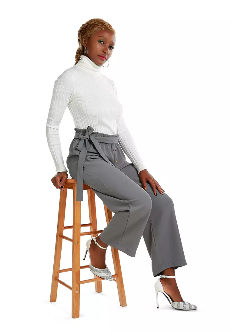 Grey Multi Button High Waisted Pants