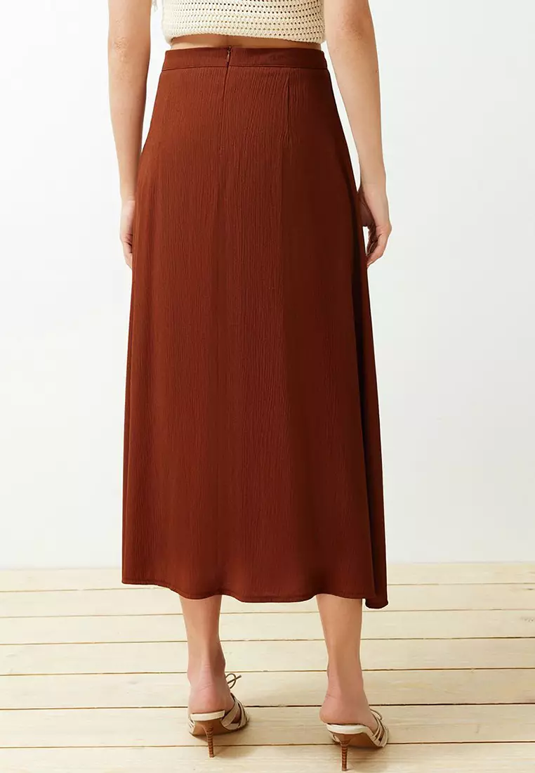 Textured Fabric Midi Skirt with Slit Detail
