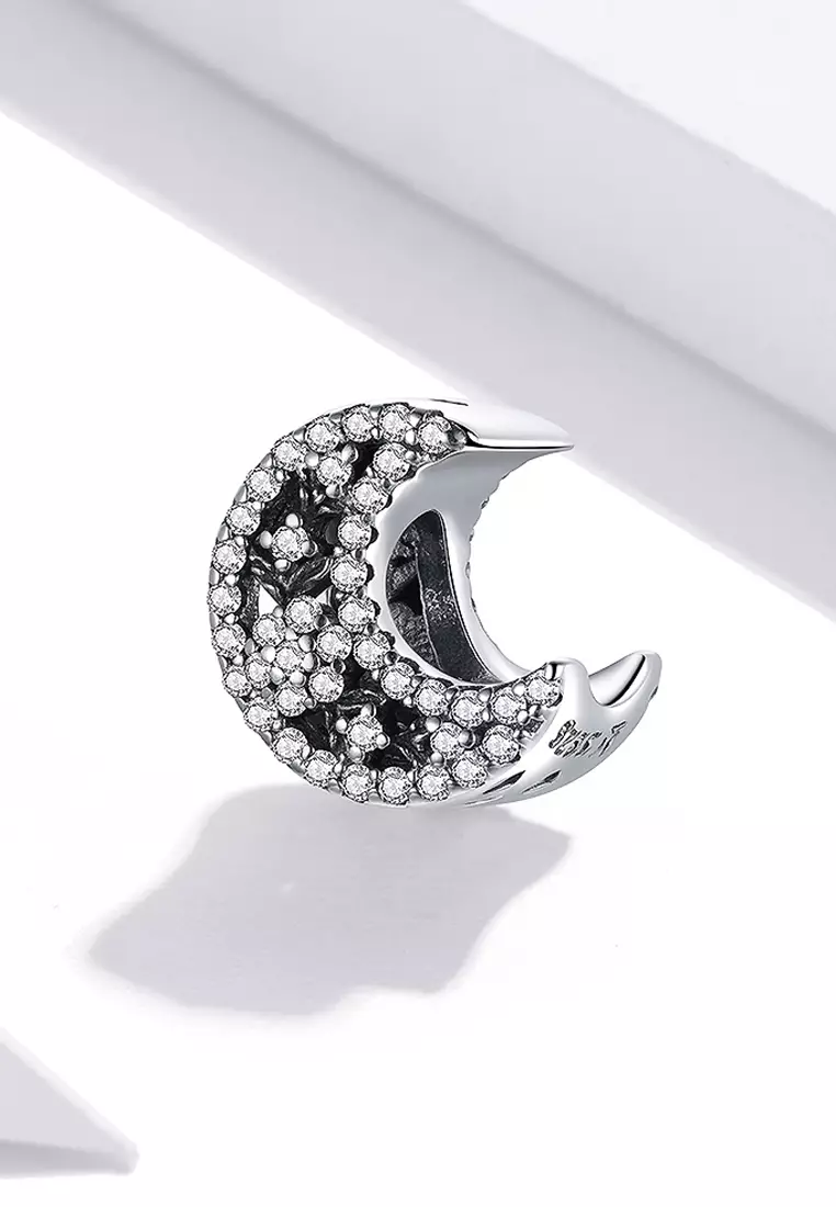 Solid 925 Sterling Silver Crescent Moon Crystals Charm