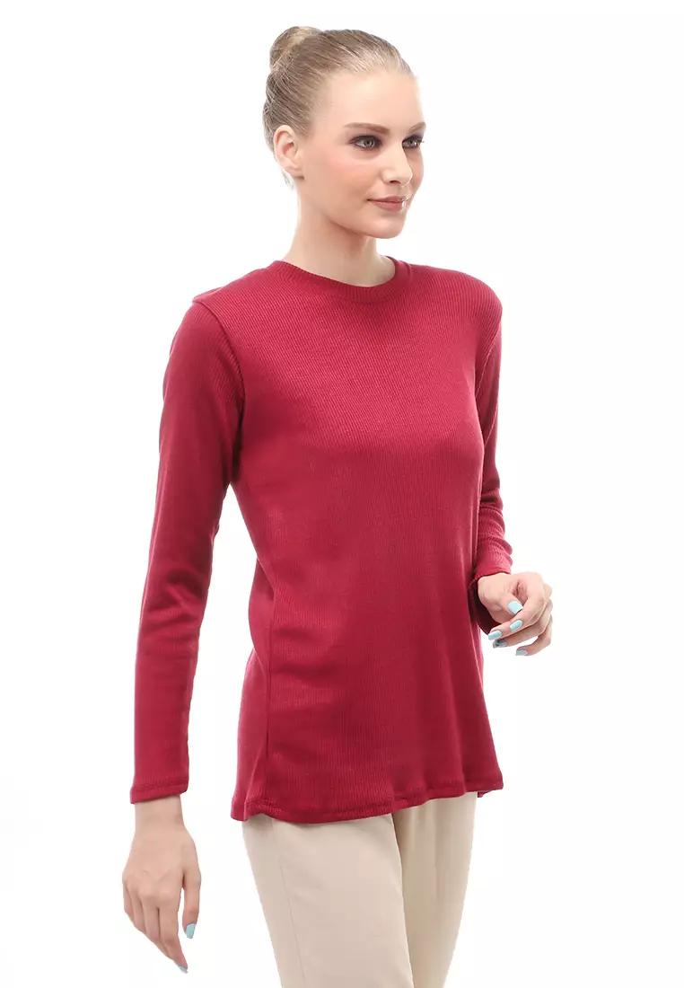 Briley Kaos Atasan Wanita Long Sleeves Motif Salur Relaxed Fit - Maroon